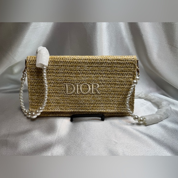 Dior Handbags - NIB Dior Beauty Raffia Straw Pouch Bag w/ Unbranded Pearl Chain